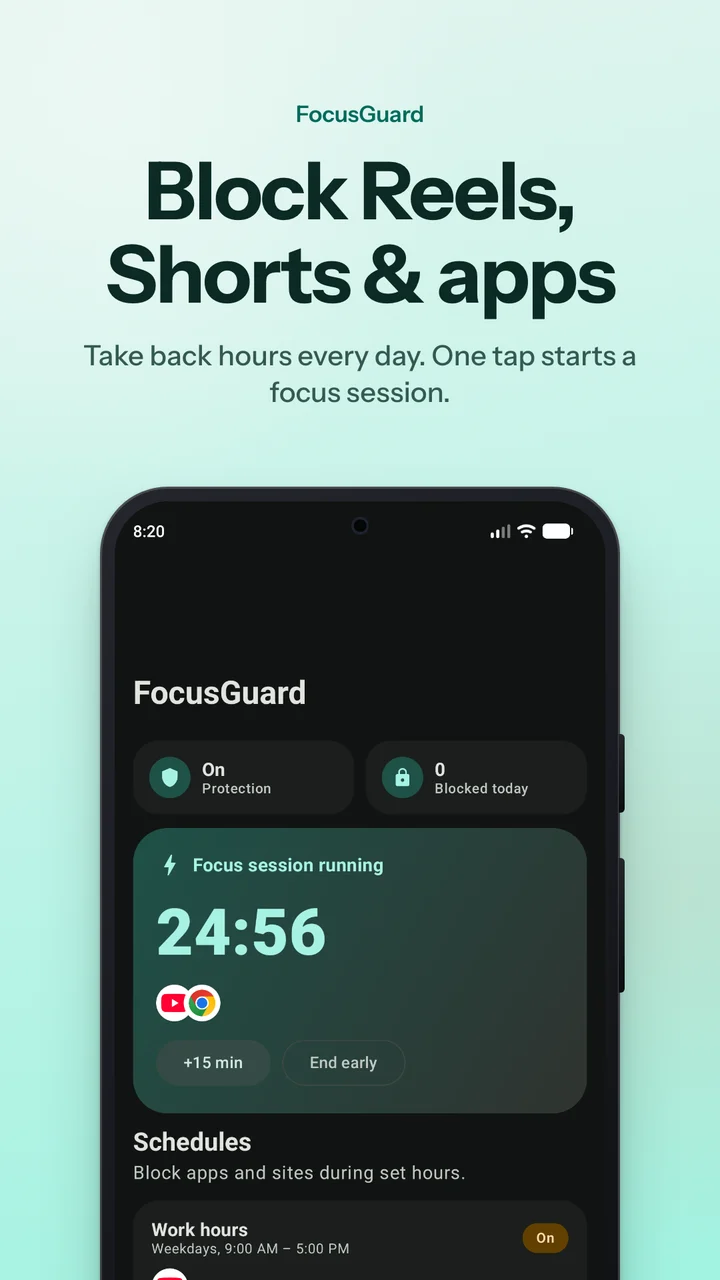 FocusGuard: Block Reels, Shorts and apps — a focus session running