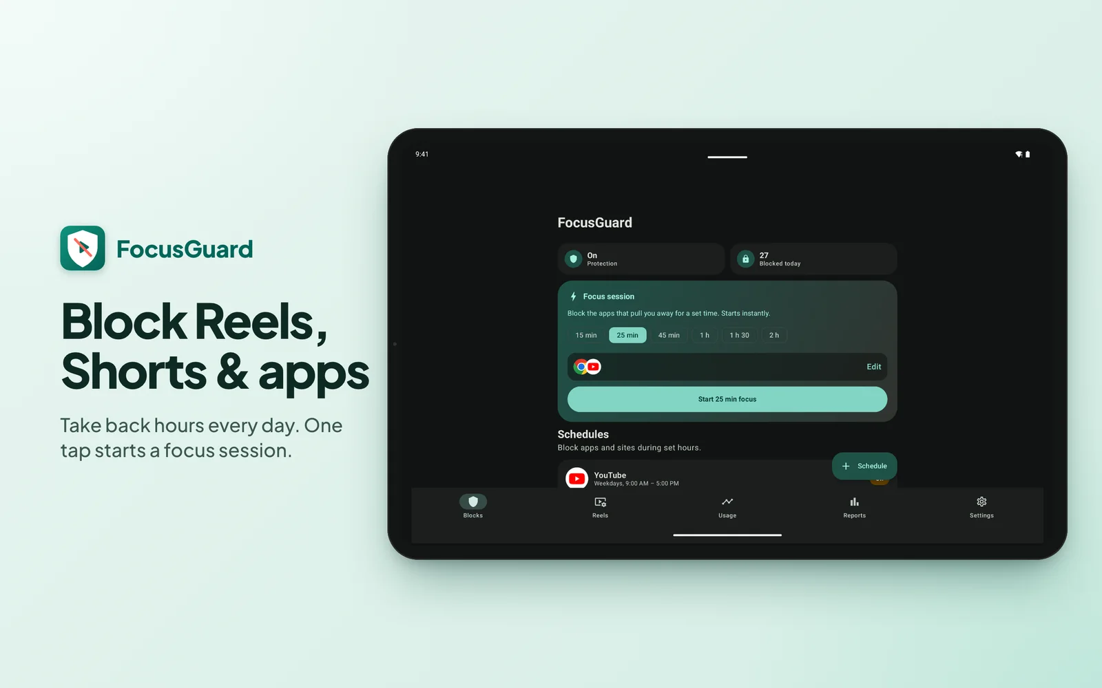 FocusGuard on tablet: Block Reels, Shorts and apps — blocks dashboard