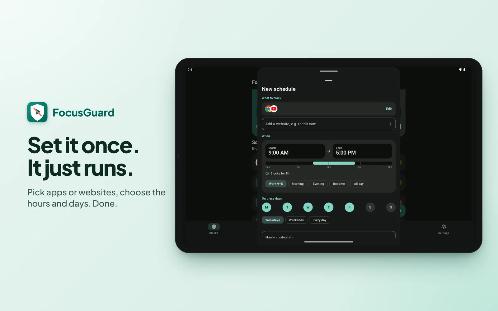 FocusGuard on tablet: Set it once — new schedule sheet