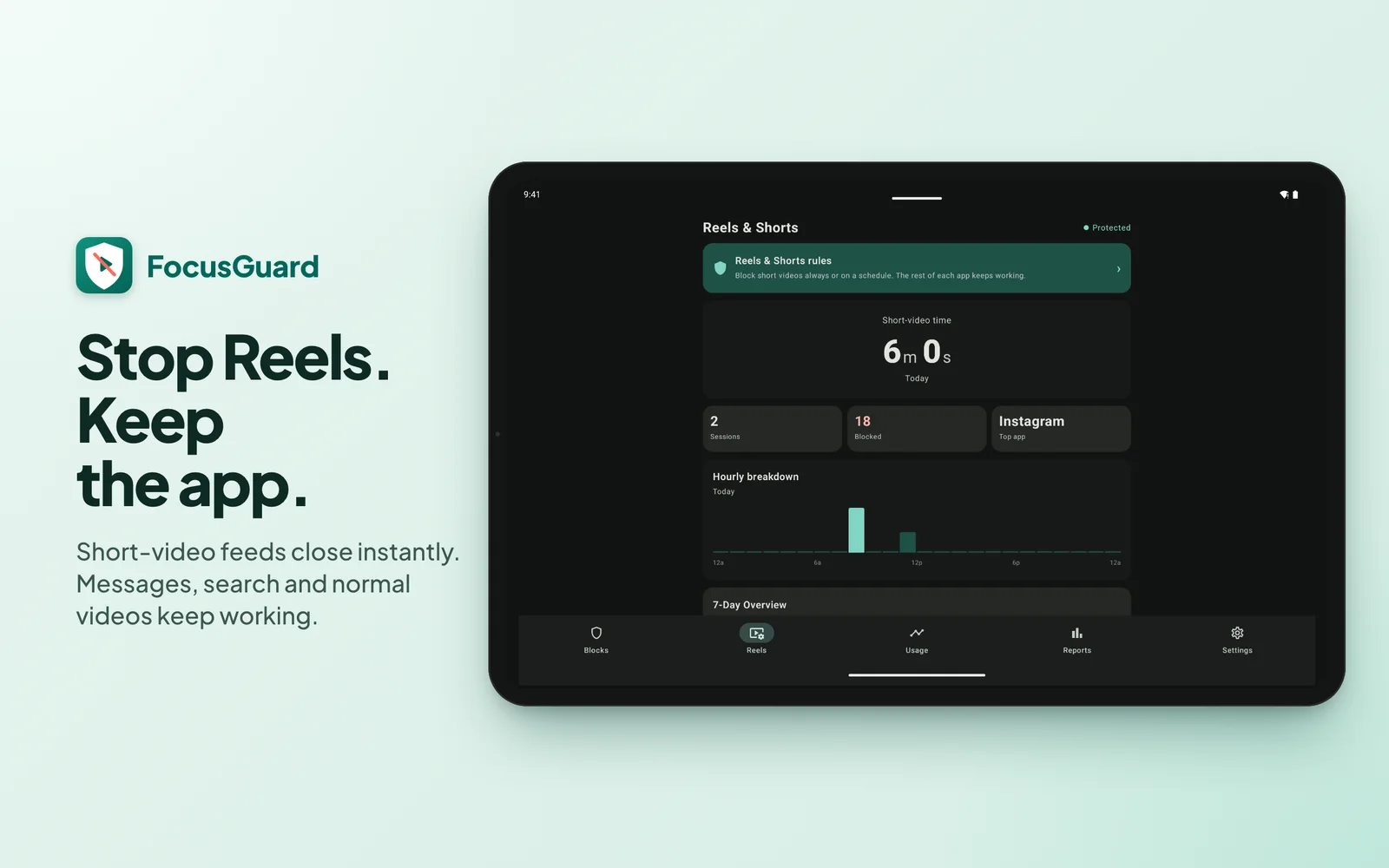 FocusGuard on tablet: Stop Reels, keep the app — Reels and Shorts dashboard