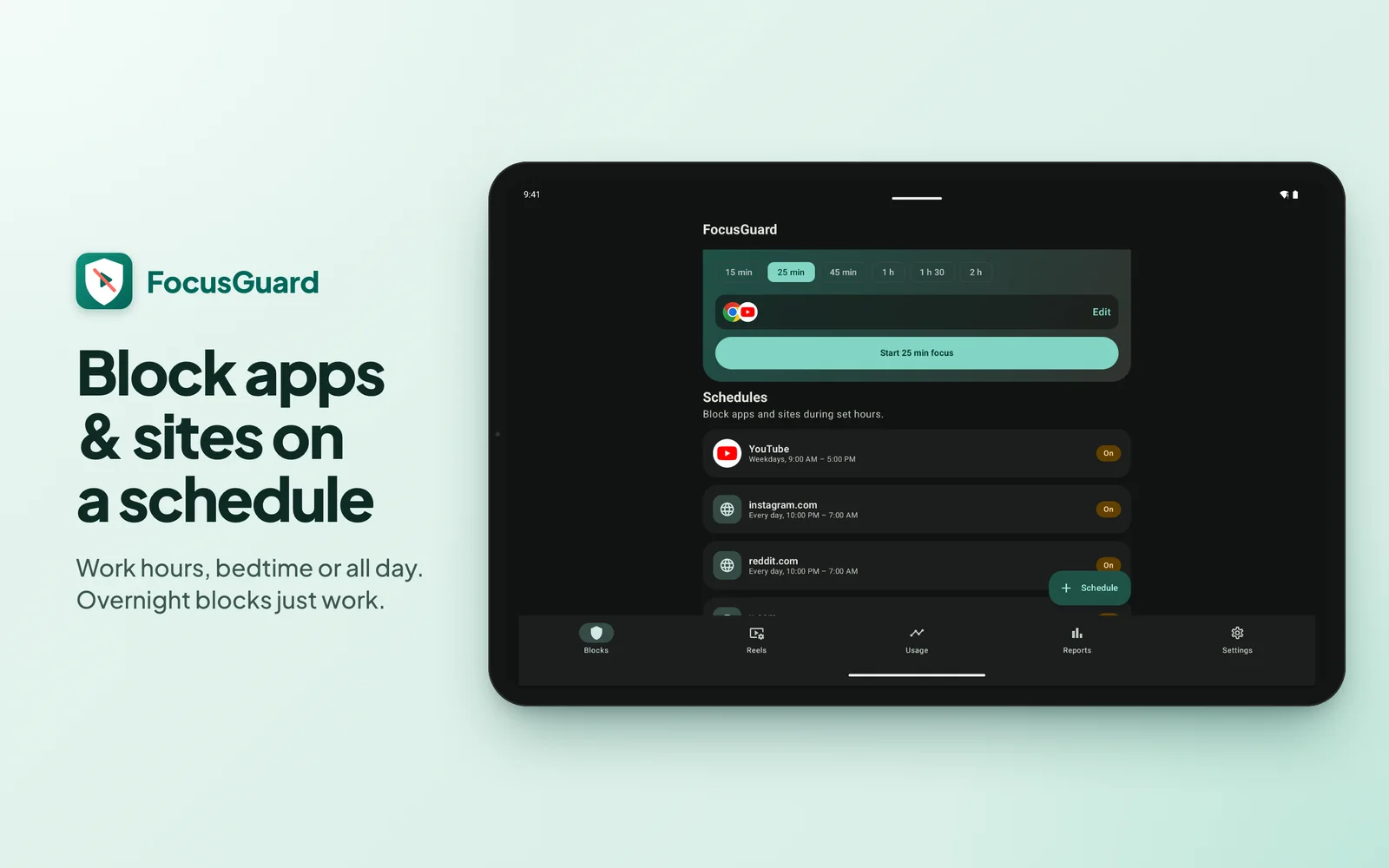 FocusGuard on tablet: Block apps and sites on a schedule