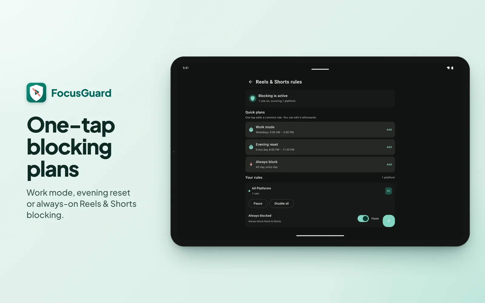 FocusGuard on tablet: One-tap blocking plans