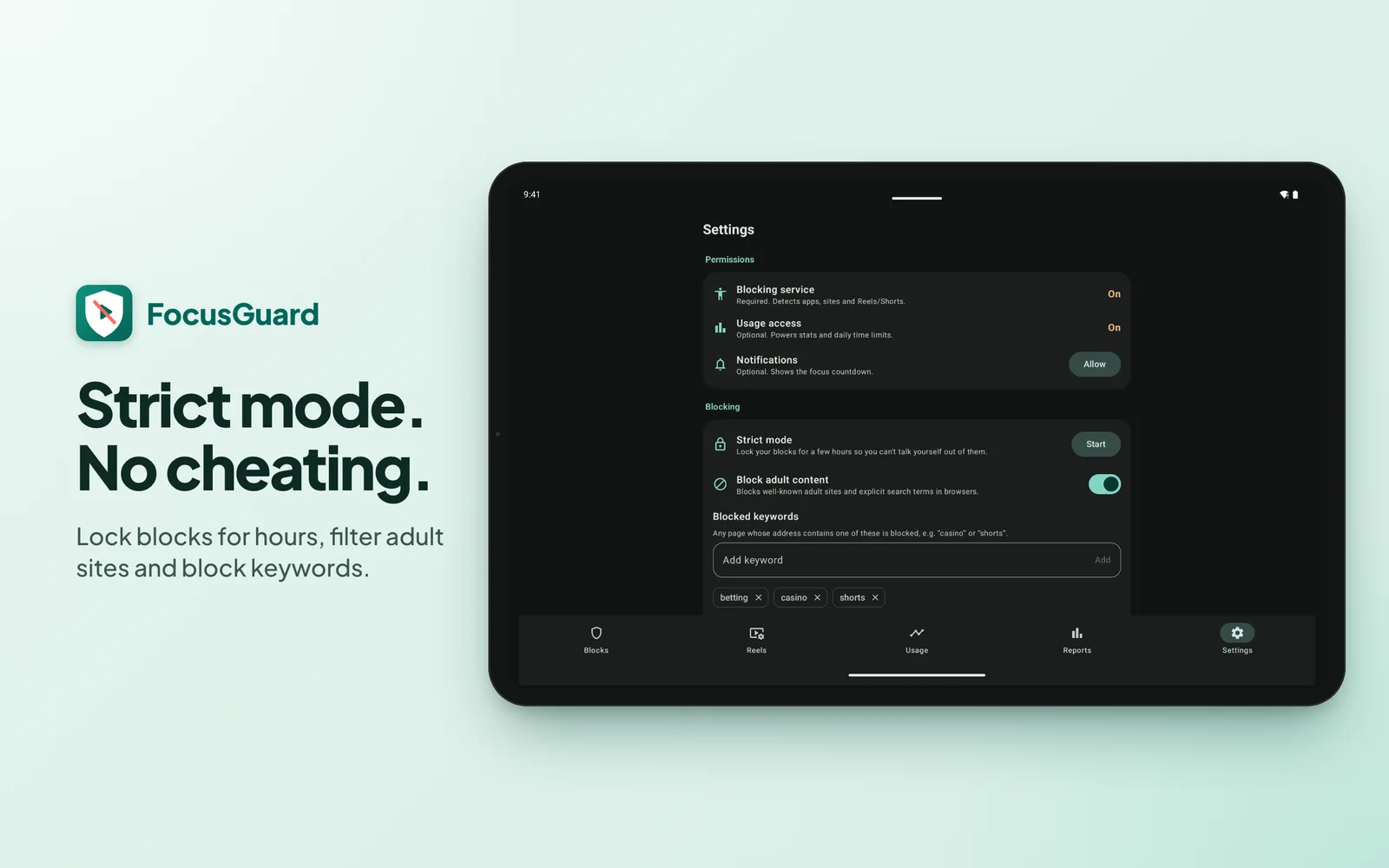 FocusGuard on tablet: Strict mode, adult filter and keyword blocking