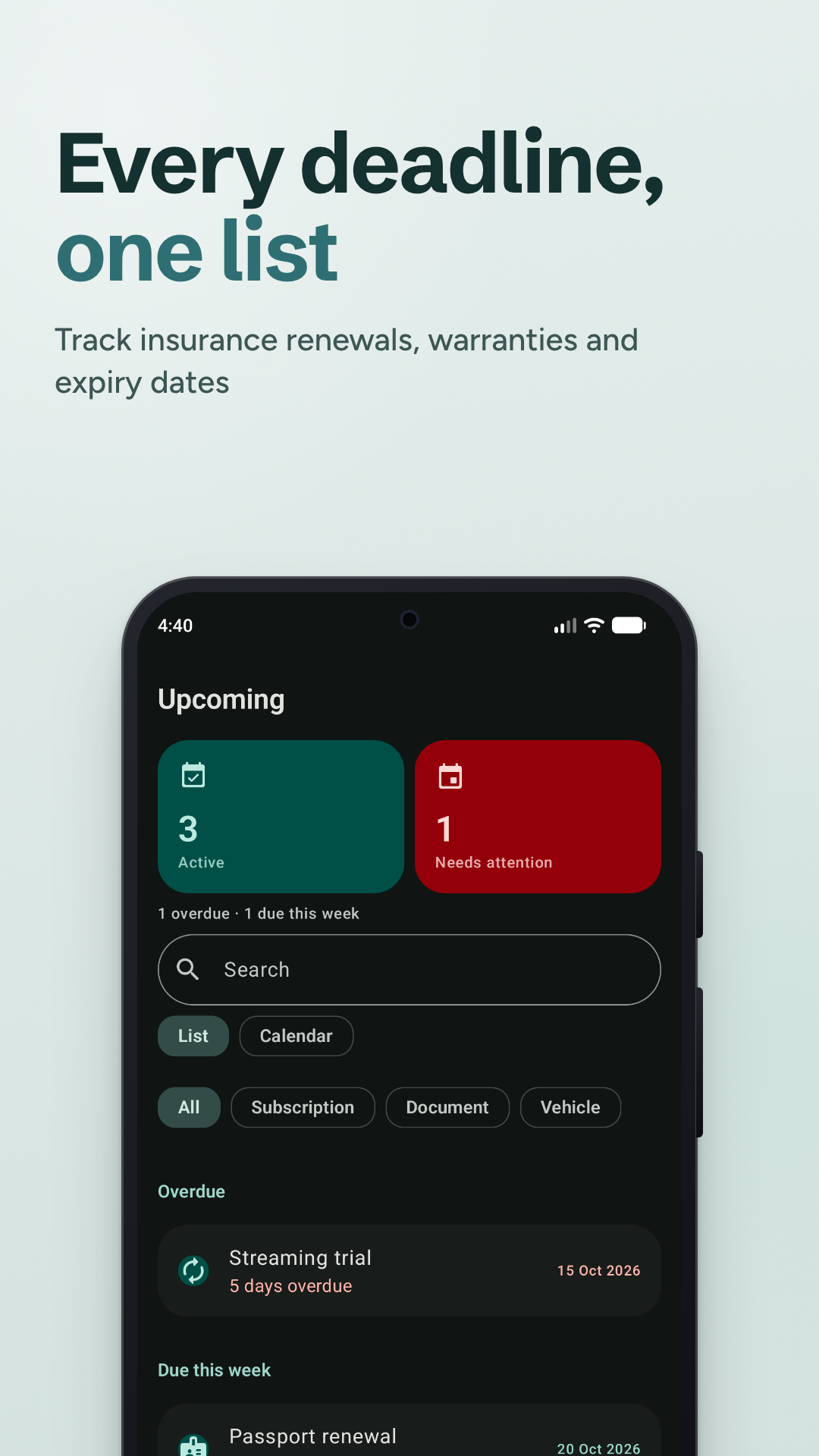 Life Admin mobile dashboard mockup