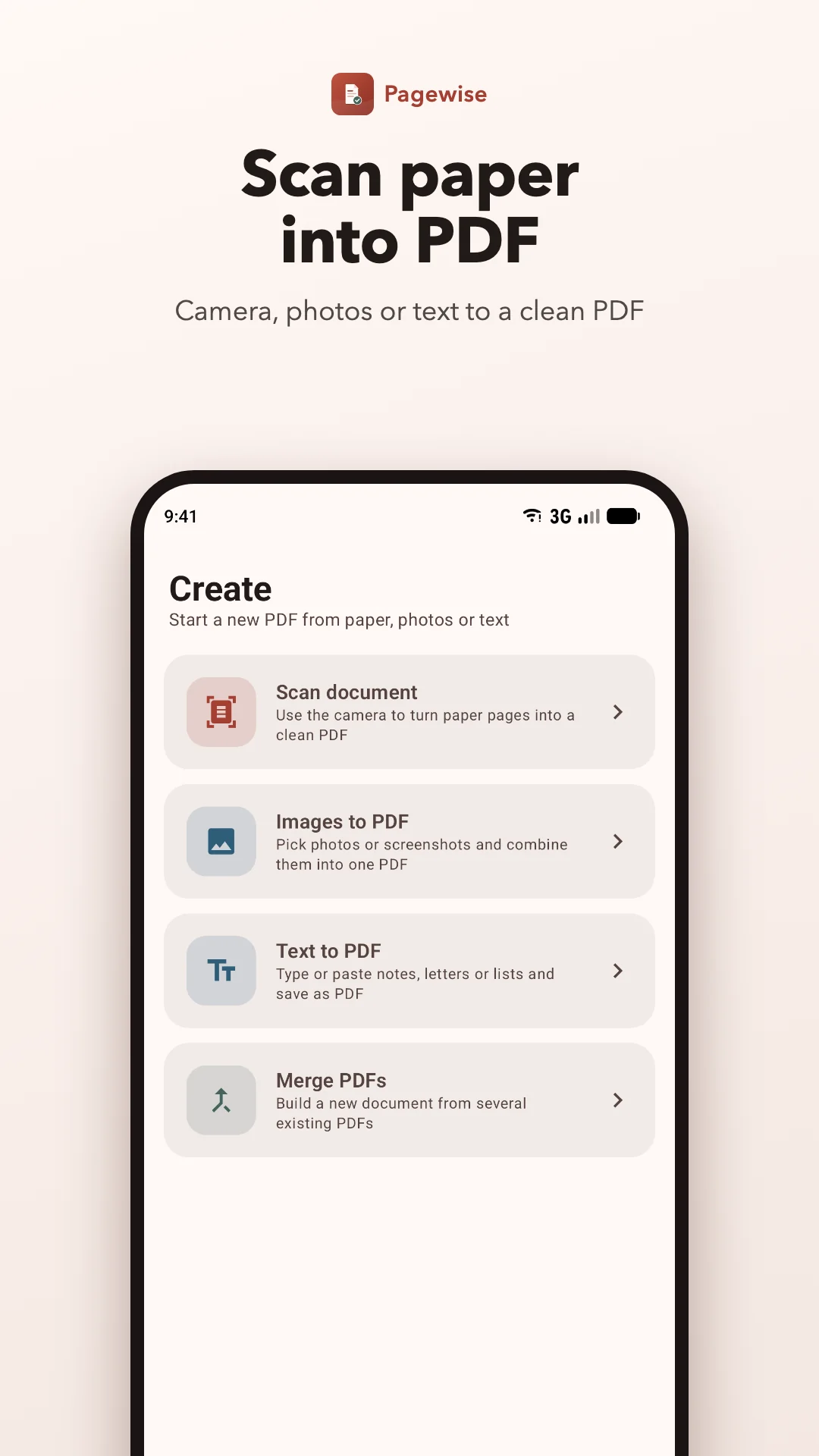 Pagewise screenshot: Create PDFs from paper, photos or text