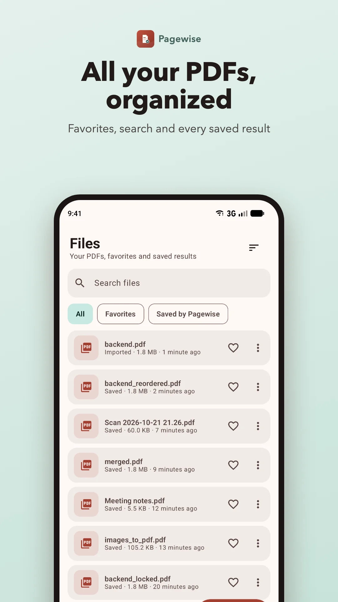 Pagewise screenshot: Files and saved results
