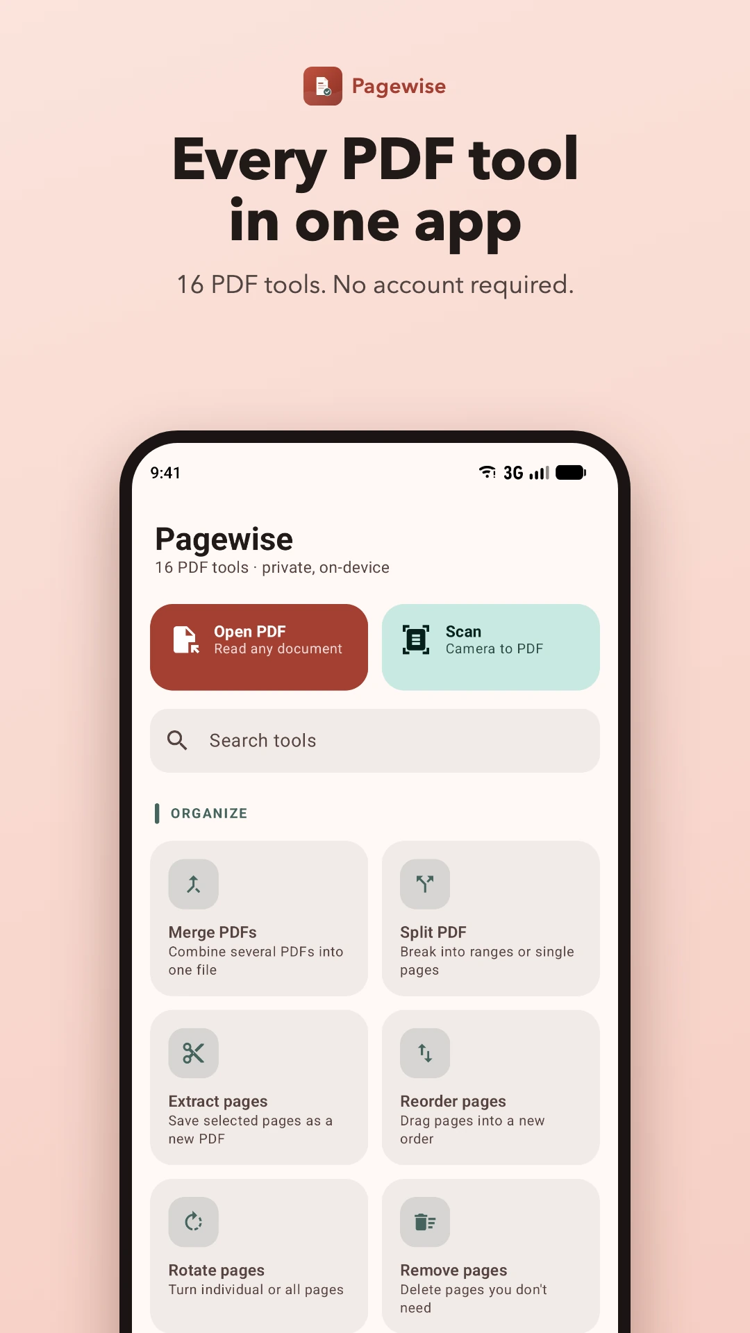 Pagewise tools screen on a phone